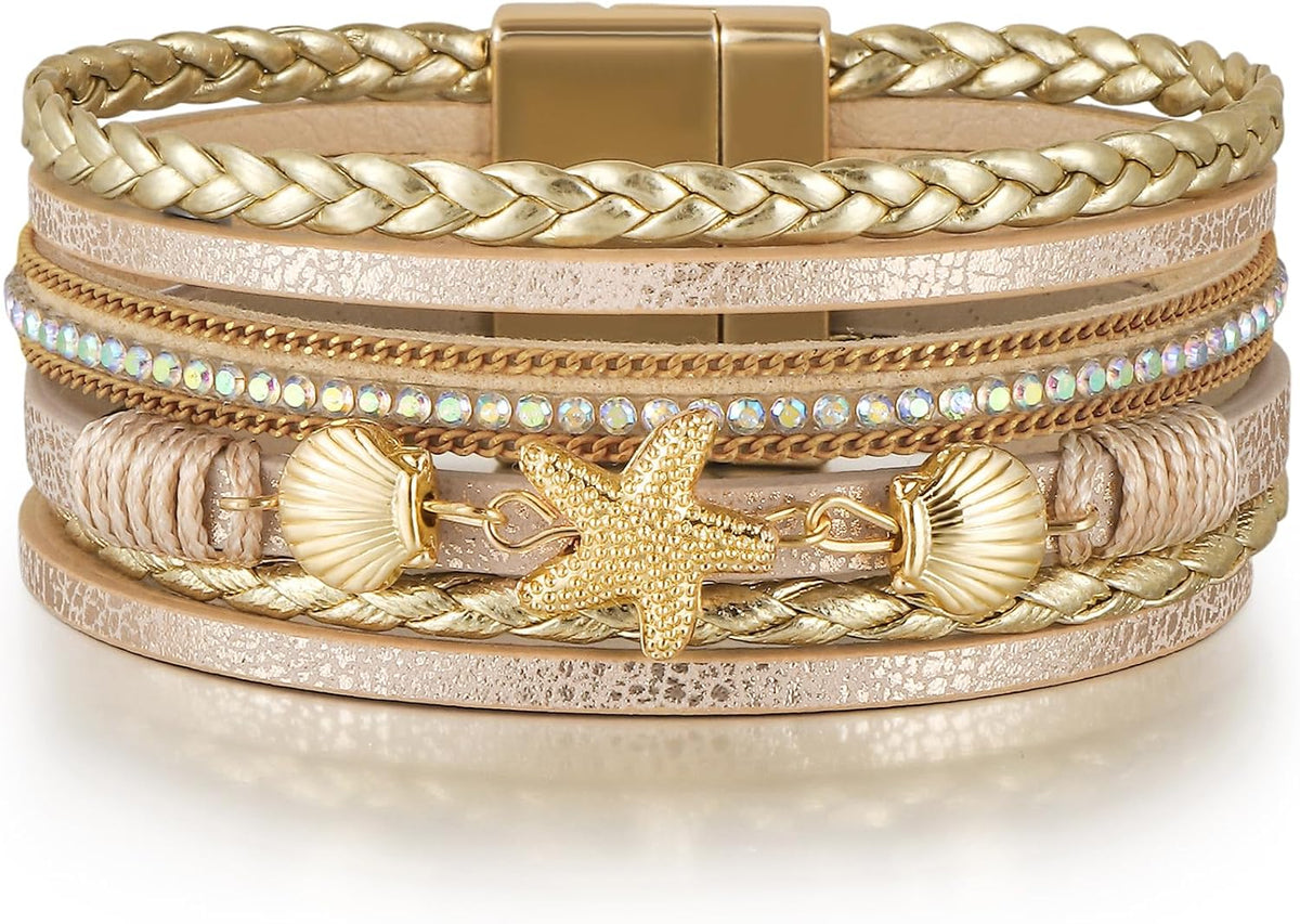 Edoneery Leather Wrap Bracelets for Women, Boho Layered Cuff Bangle