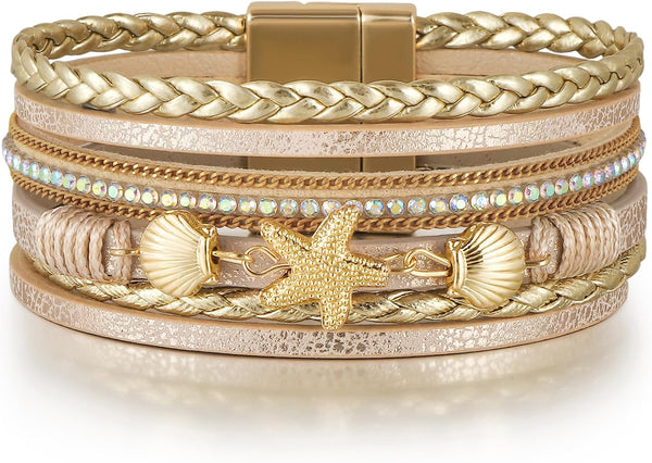 Edoneery Leather Wrap Bracelets for Women, Boho Layered Cuff Bangle