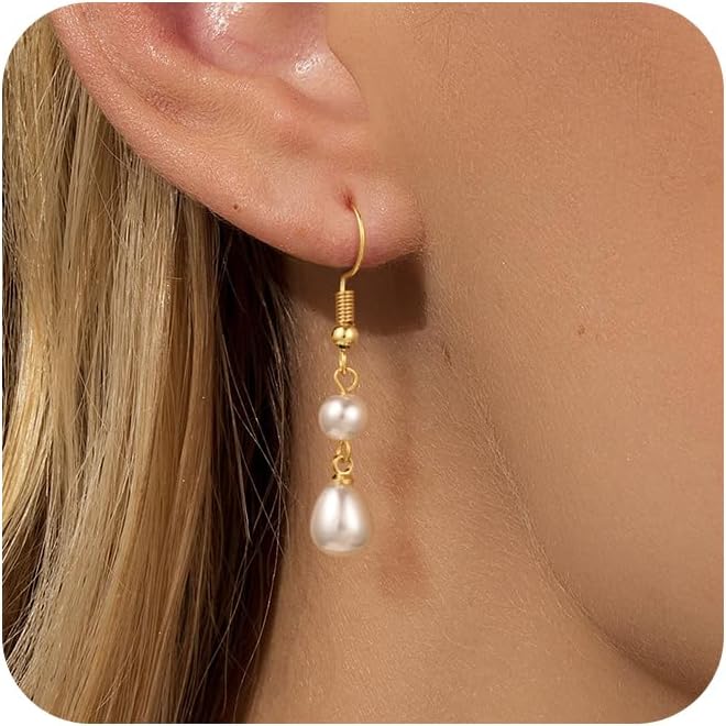 Robaice Pearl Earrings for Women, 14K Gold Plated Dangle Drop Earrings