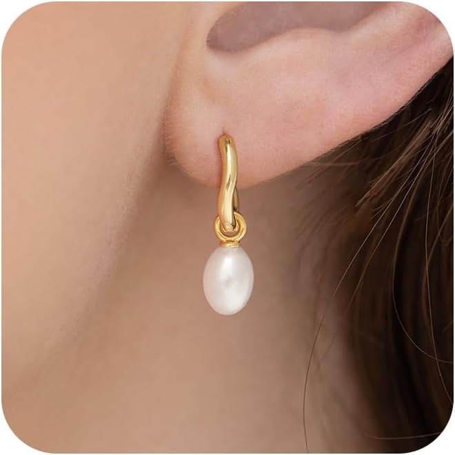 Robaice Pearl Earrings for Women, 14K Gold Plated Dangle Drop Earrings