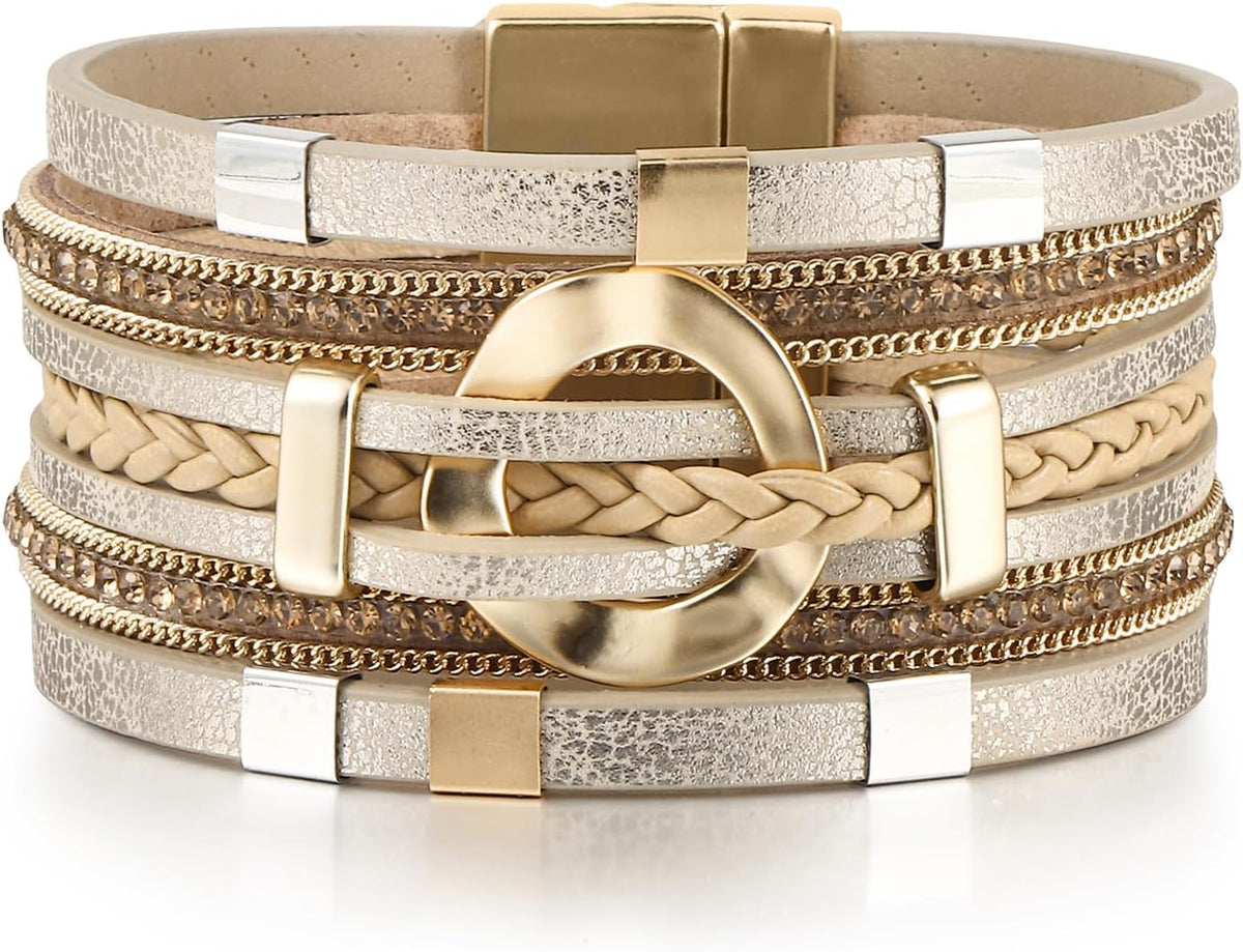Edoneery Leather Wrap Bracelets for Women, Boho Layered Cuff Bangle