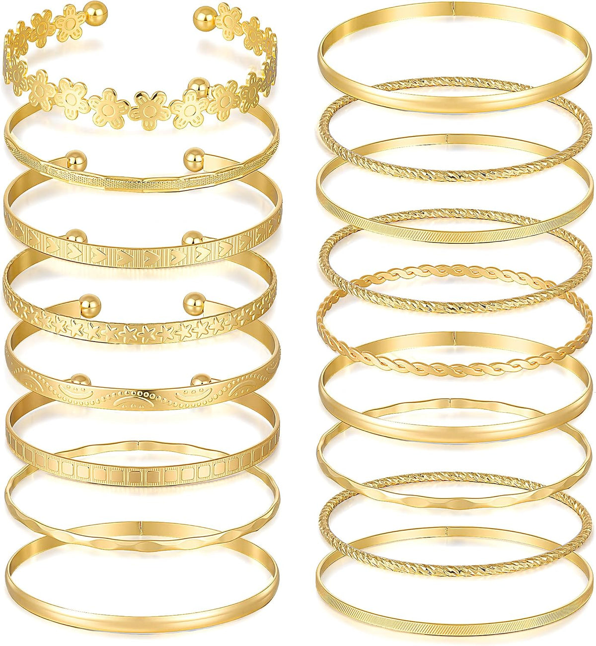 Gold Bangle Bracelets for Women, 14 Pcs Multi Layer Stackable Bangle Set, 14K Gold Plated Textured Chunky Bracelets Boho Jewelrys Set
