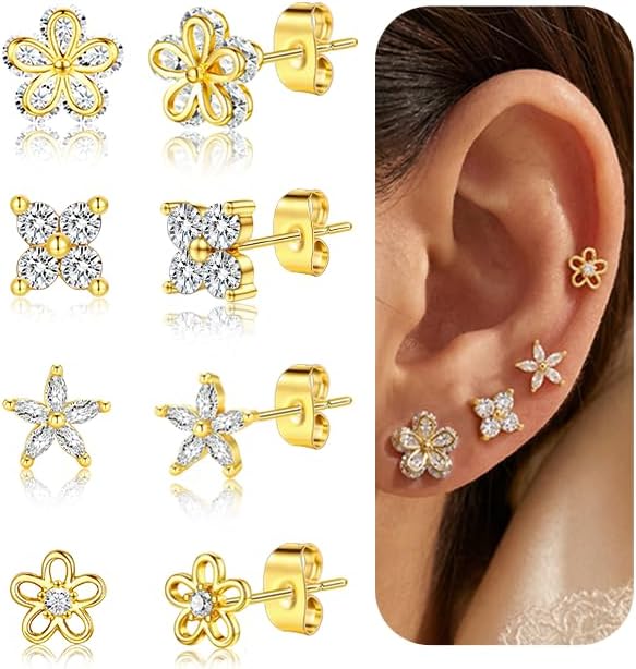5 Pairs 14K Gold Plated Stud Earrings for Women, CZ Multiple Piercing Set