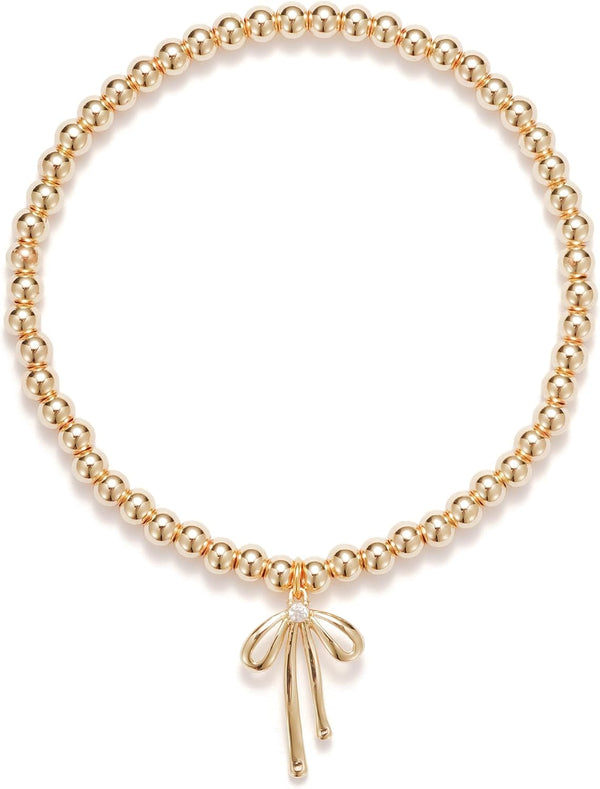 Beaded Bracelets for Women,Bow Charm Blue Flower Gold Plated Jewelry Women