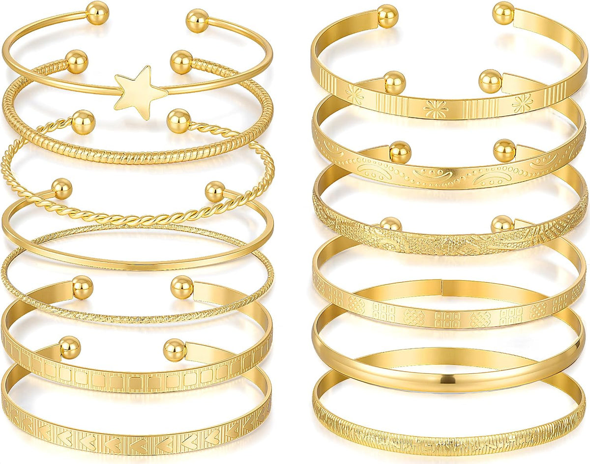 Gold Bangle Bracelets for Women, 14 Pcs Multi Layer Stackable Bangle Set, 14K Gold Plated Textured Chunky Bracelets Boho Jewelrys Set
