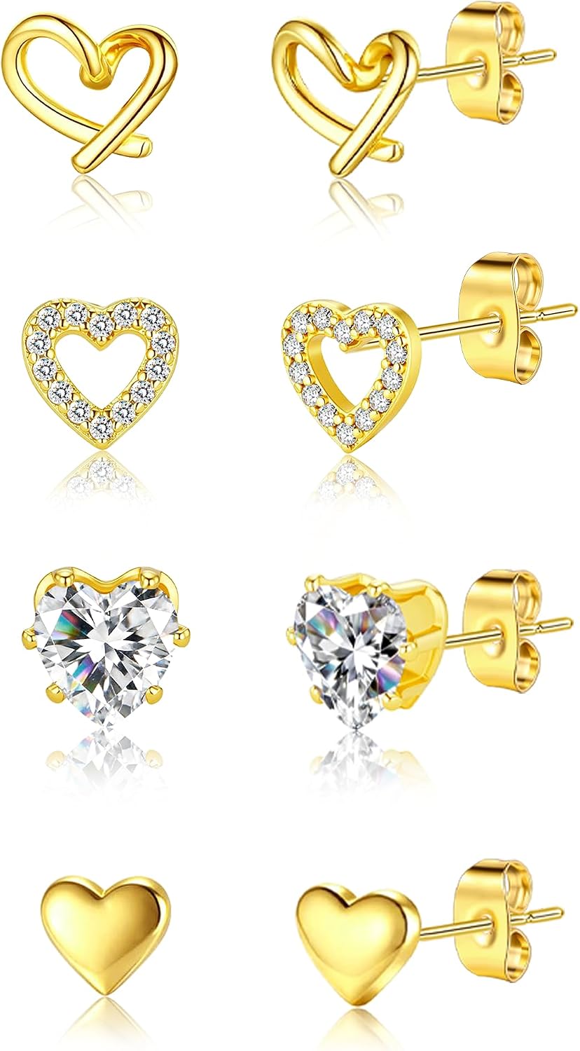 5 Pairs 14K Gold Plated Stud Earrings for Women, CZ Multiple Piercing Set