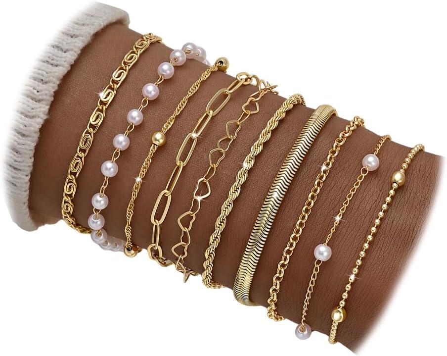 10 Pcs 14K Gold Plated Bracelet for Women, Dainty Stackable Chain Set