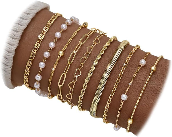 10 Pcs 14K Gold Plated Bracelet for Women, Dainty Stackable Chain Set