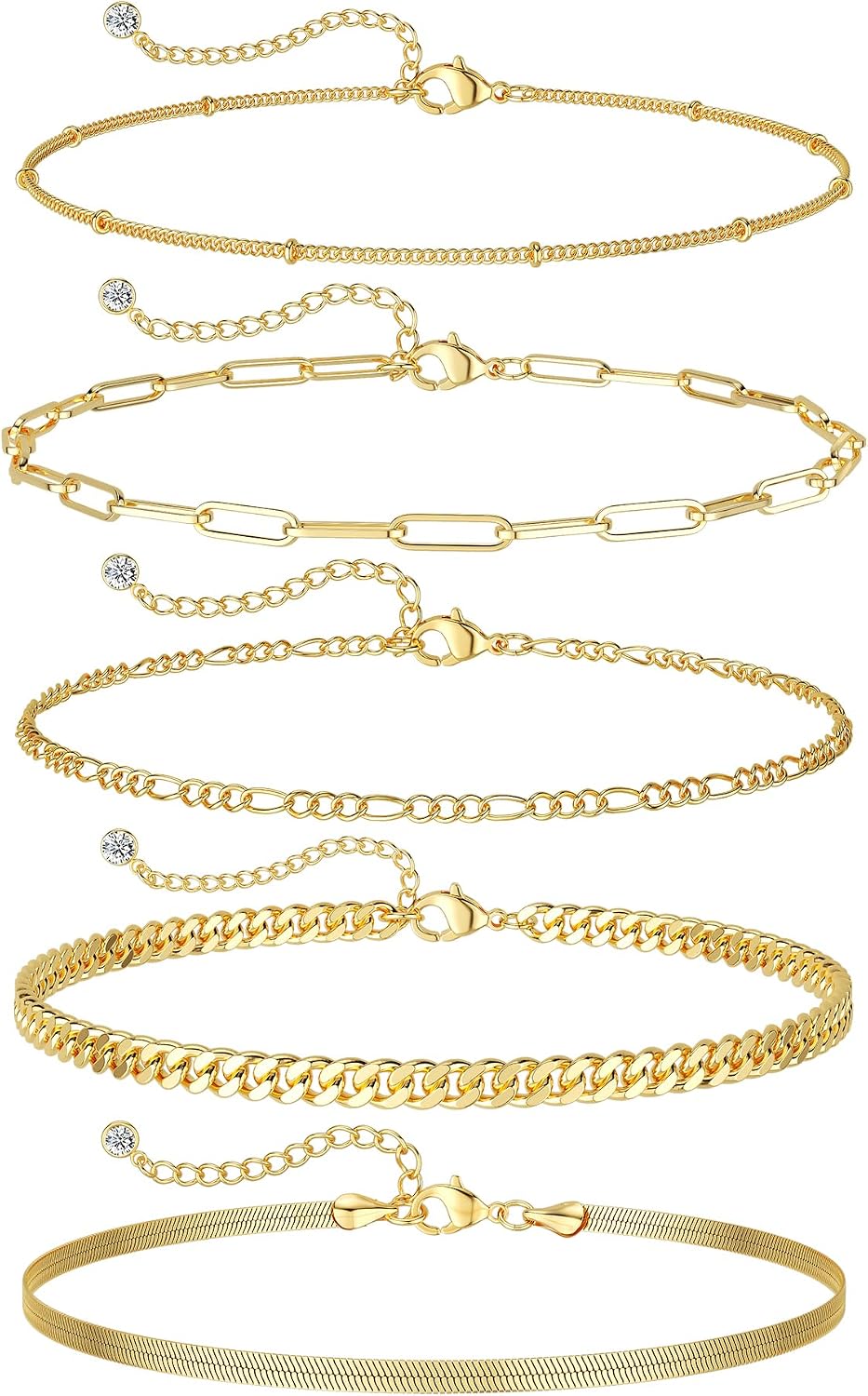 Dearmay Gold Bracelets for Women Waterproof, 14K Gold Plated Minimalist Bracelets Stack Non Tarnish Trendy Dainty Herringbone Vintage Cuban Paperclip Rope Thin Box Link Chain Stackable Jewelry Sets Modern Fashion Accessories Gifts for Womens Secondary image