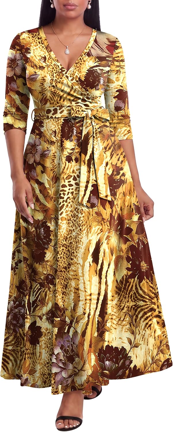 FANDEE Plus Size Maxi Dress for Women Casual Summer Sundress V-Neck 3/4 Sleeve