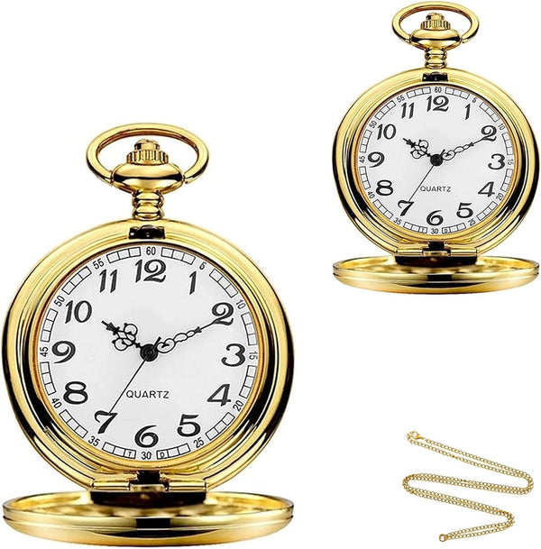 Set of 2 Classic Pocket Watch with Chain for Men and Women