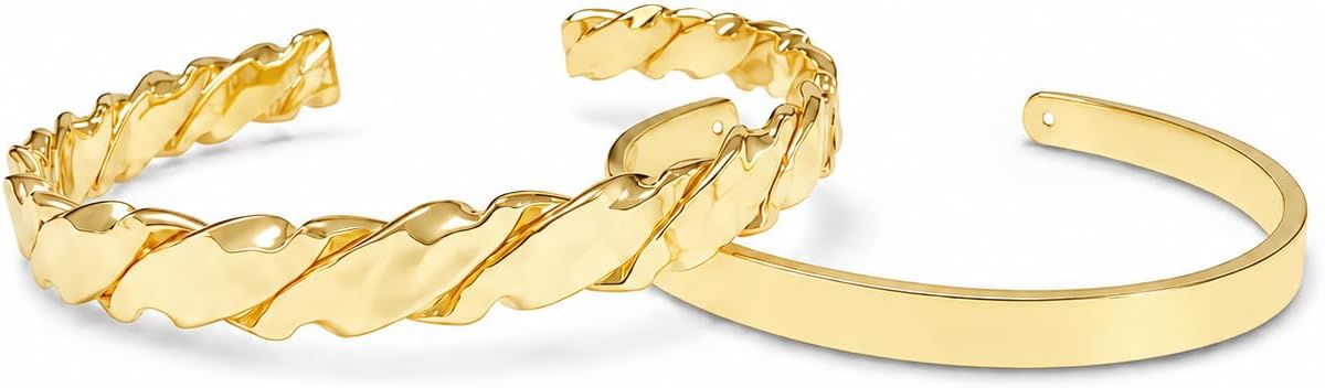 Gold Cuff Bracelets for Women, 14K Plated Open Bangle, Stackable Statement Jewelry for Everyday, Work, Date Night
