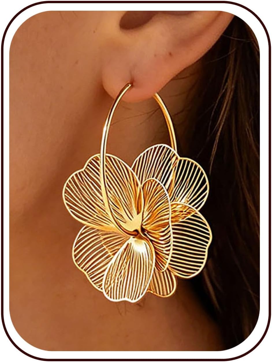 Flower Dangle Gold Earrings for Women Trendy Statement Hoop Earring Jewelry