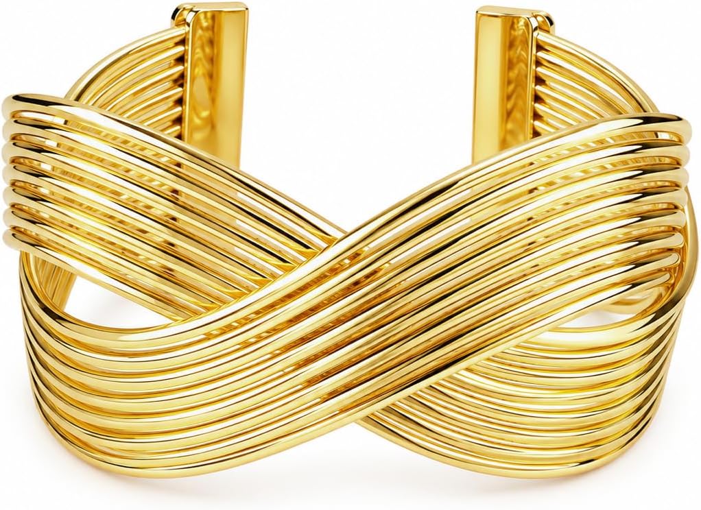 Gold Cuff Bracelets for Women, 14K Plated Open Bangle, Stackable Statement Jewelry for Everyday, Work, Date Night