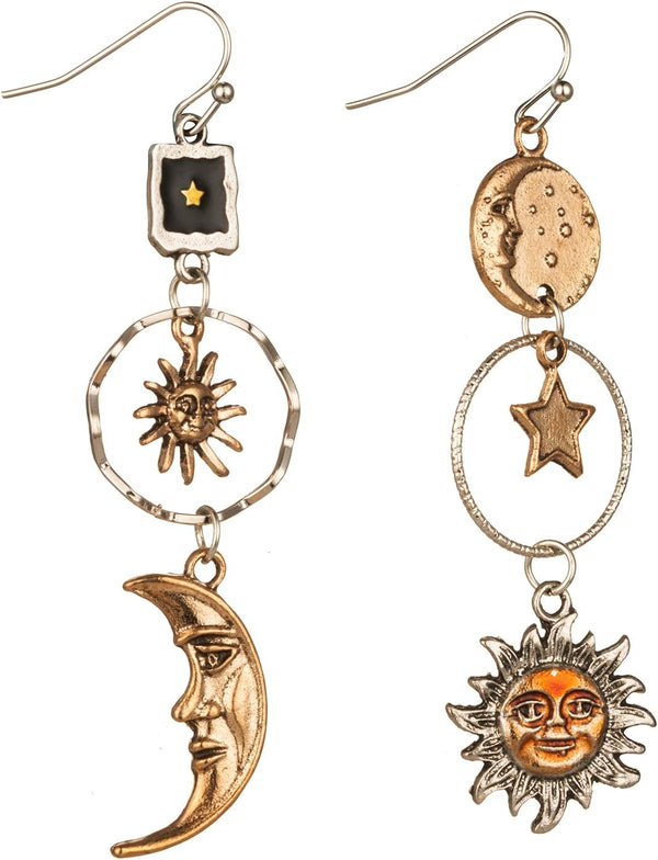 Vintage Sun Moon Star Asymmetric Drop Earrings