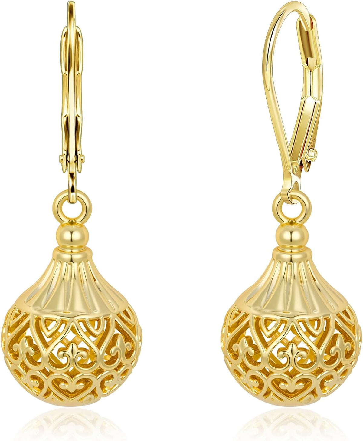 Women's Filigree Gold Silver Earrings with Hypoallergenic Leverback Texture