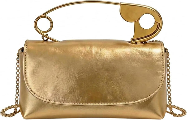 Women's Safety Pin Leather Crossbody Clutch with Gold Handles & Chain