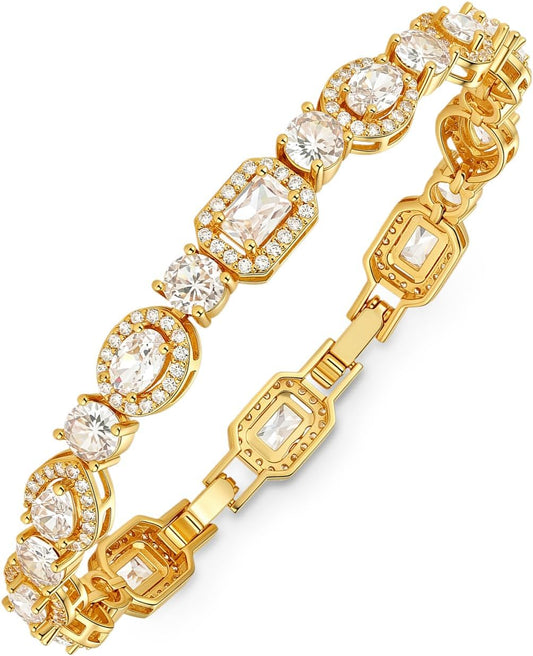 Tennis Bracelet for Women, 14K Gold Plated CZ Bracelet with AAAAA Cubic Zirconia, Hypoallergeni 6.7 Inch Sparkling Halo Tennis Bracelet