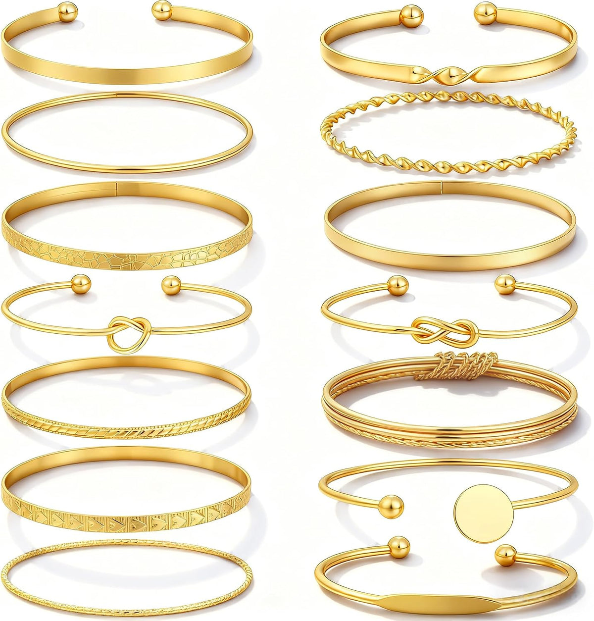 Gold Bangle Bracelets for Women, 14 Pcs Multi Layer Stackable Bangle Set, 14K Gold Plated Textured Chunky Bracelets Boho Jewelrys Set