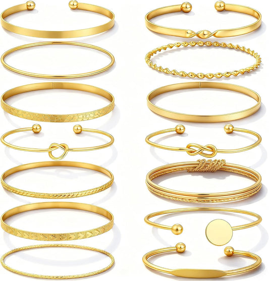 Gold Bangle Bracelets for Women, 14 Pcs Multi Layer Stackable Bangle Set, 14K Gold Plated Textured Chunky Bracelets Boho Jewelrys Set