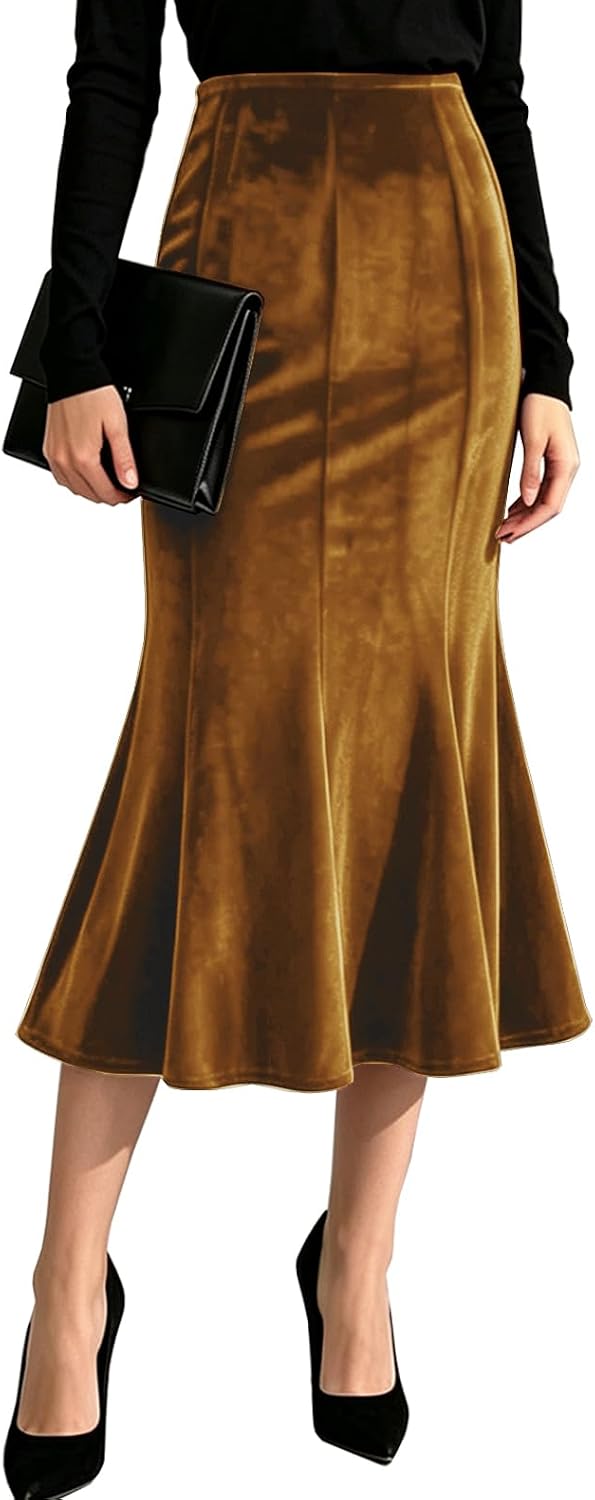 TONCHENGSD Women's Fall Winter Velvet Midi Skirt High Wasit Bodycon Fishtail Skirts