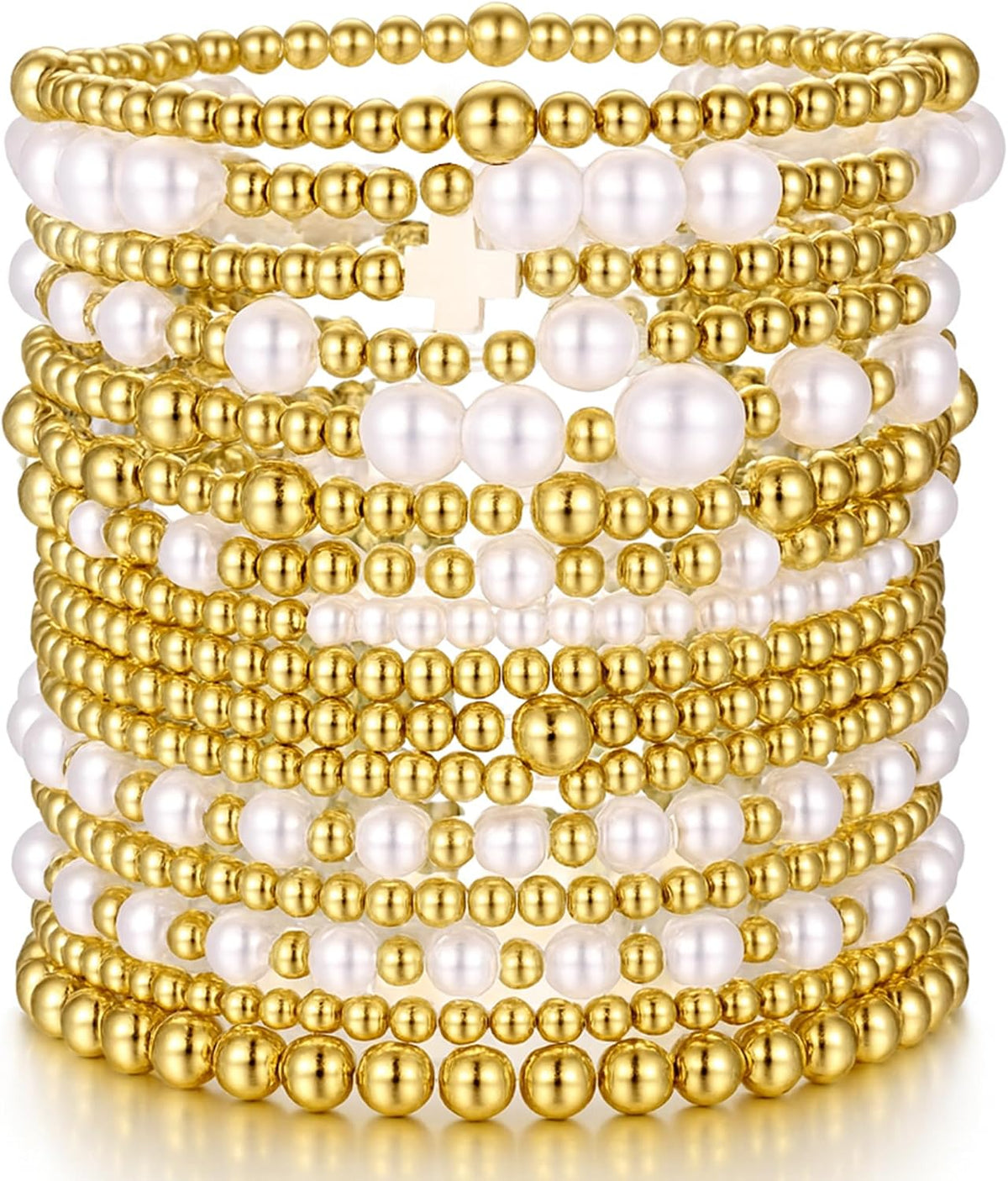 Gold Plated Bead & Pearl Bracelets for Women, 16PC Stackable Stretch Set