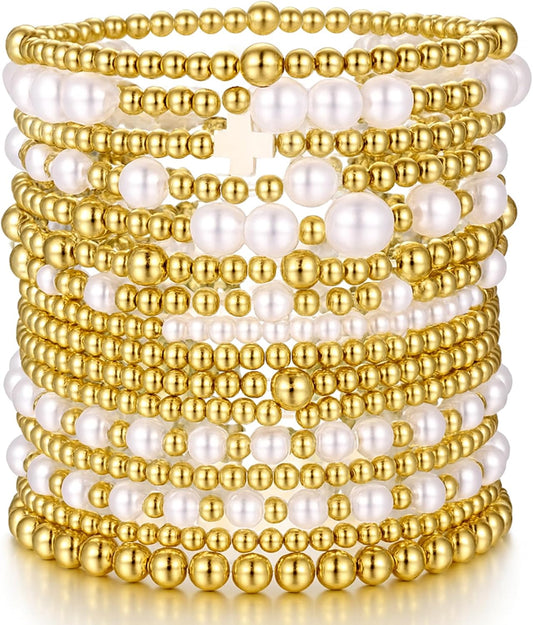 Gold Plated Bead & Pearl Bracelets for Women, 16PC Stackable Stretch Set
