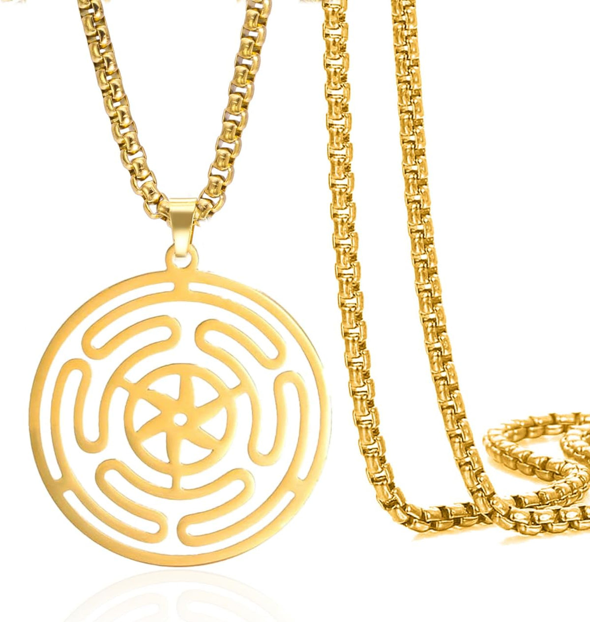 VASSAGO Wheel of Hecate Necklace Stainless Steel Triple Moon Goddess Hekate Strophalos Pendant Pagan Wicca Amulet Jewelry for Women Men