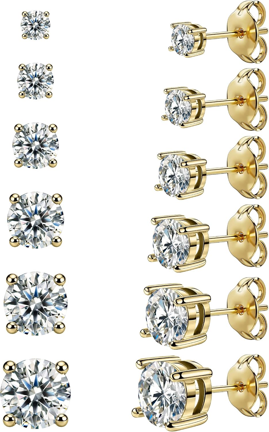 6 Pairs Stud Earrings Set, Hypoallergenic Cubic Zirconia 316L Earrings Stainless Steel CZ Earrings 3-8mm (Steel color)