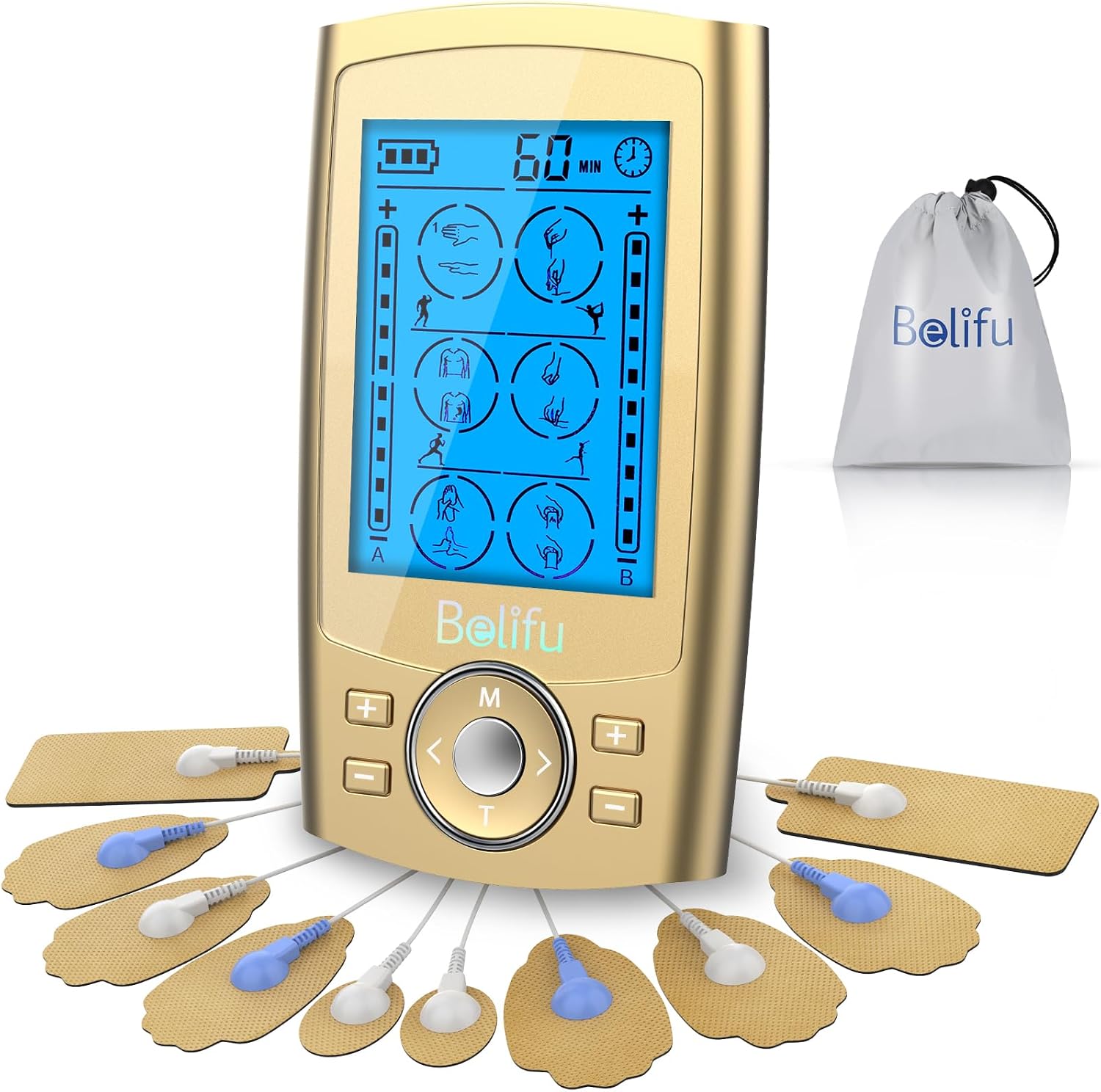Belifu Dual Channel TENS EMS Unit 24 Modes Muscle Stimulator for Pain Relief Therapy, Electronic Pulse Massager Muscle Massager with 10 Pads, Dust-Proof Drawstring Storage Bag, Fastening Cable Ties Secondary image