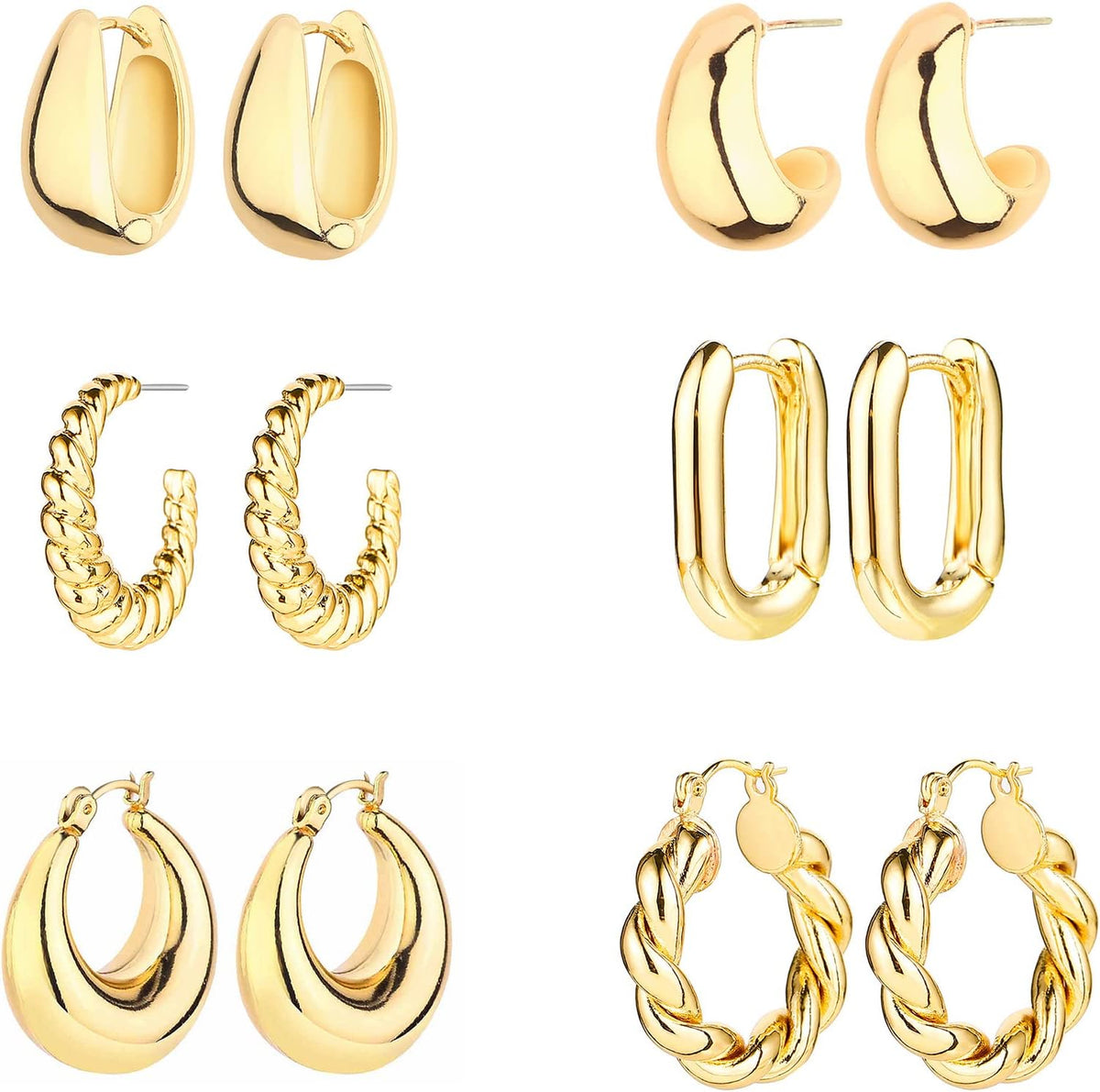 6 Pairs 14K Gold Plated Hoop Earrings for Women Lightweight Chunky Hoop Earrings Multipack Hypoallergenic, Thick Open Twisted Huggie Hoops Earring