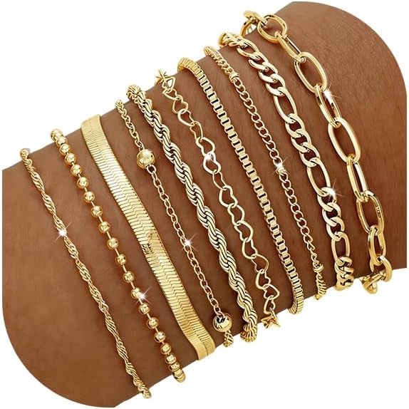 10 Pcs 14K Gold Plated Bracelet for Women, Dainty Stackable Chain Set