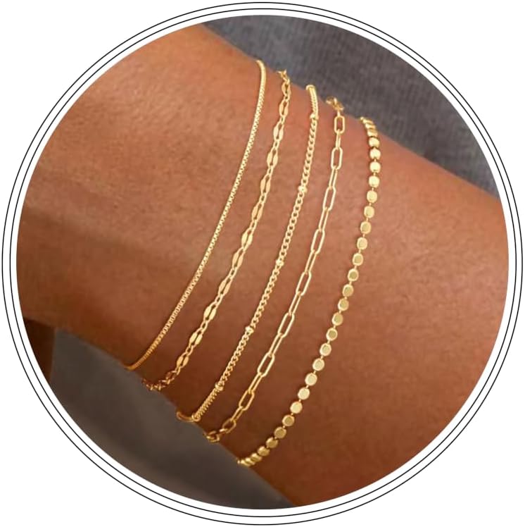 Dainty Simple Gold Bracelets for Women, Stackable Satellite Paperclip Lip 14K Gold Plated Bracelet Set Tiny Lip Dot Chain Box Link for Minimalist Gift Cute Trendy Jewelry Gold Accessories for Women Main image