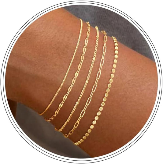 Dainty Simple Gold Bracelets for Women, Stackable Satellite Paperclip Lip 14K Gold Plated Bracelet Set Tiny Lip Dot Chain Box Link for Minimalist Gift Cute Trendy Jewelry Gold Accessories for Women