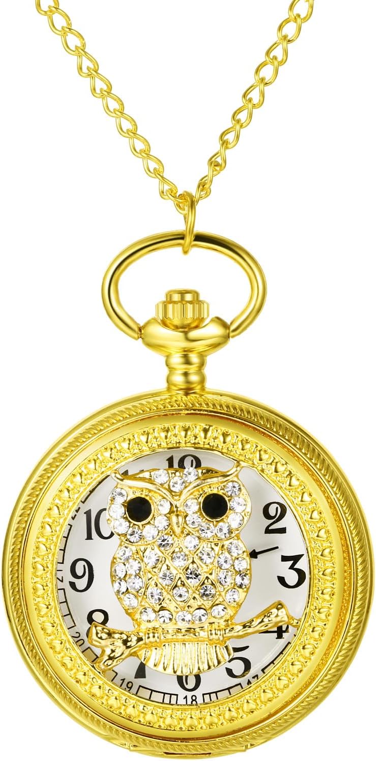 Women's Pocket Watch Skeleton Owl Pocket Watches Pendant Necklace Rhin