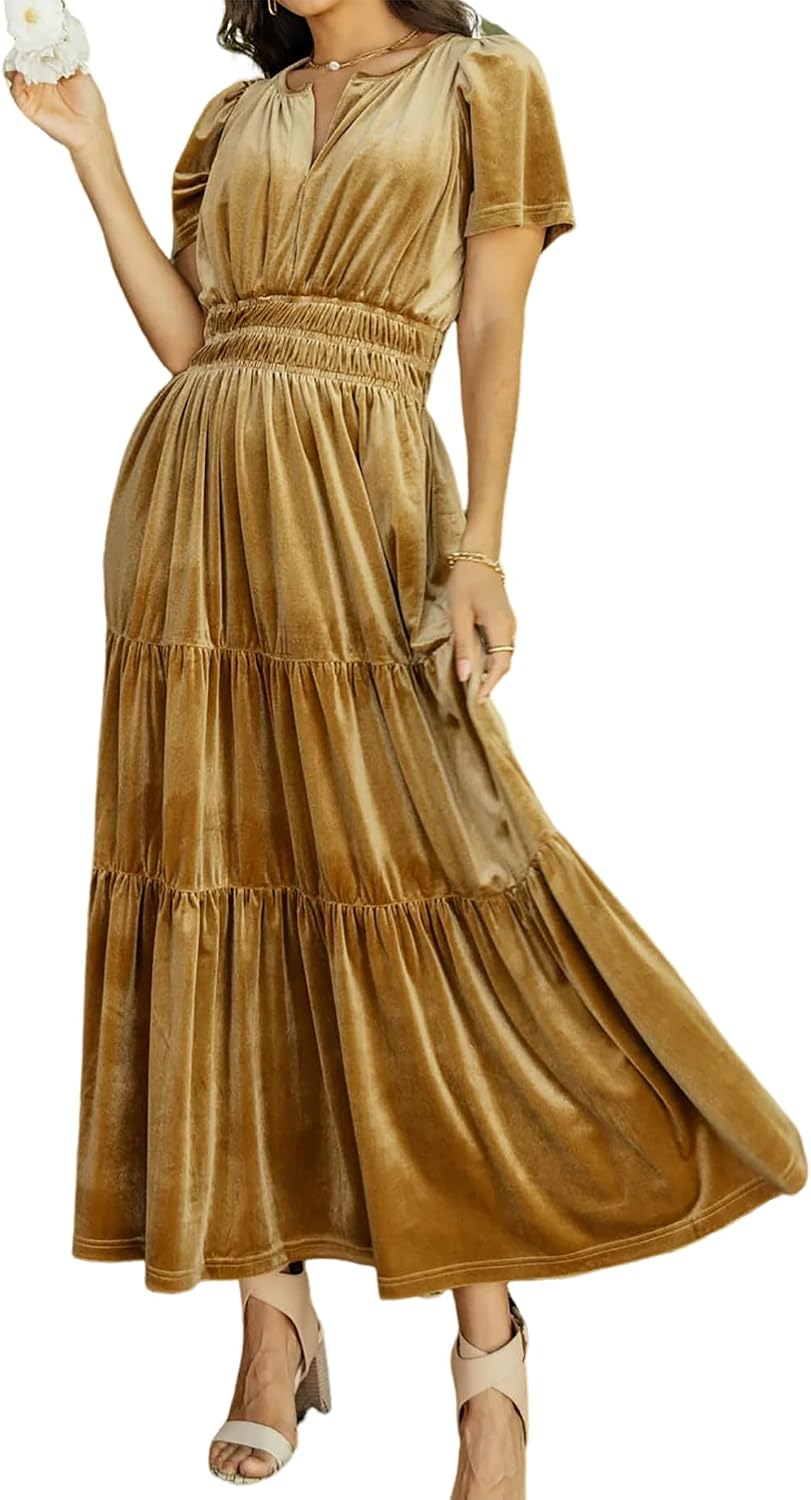 R.Vivimos Womens Fall Winter Velvet Elastic Waist Maxi Dress