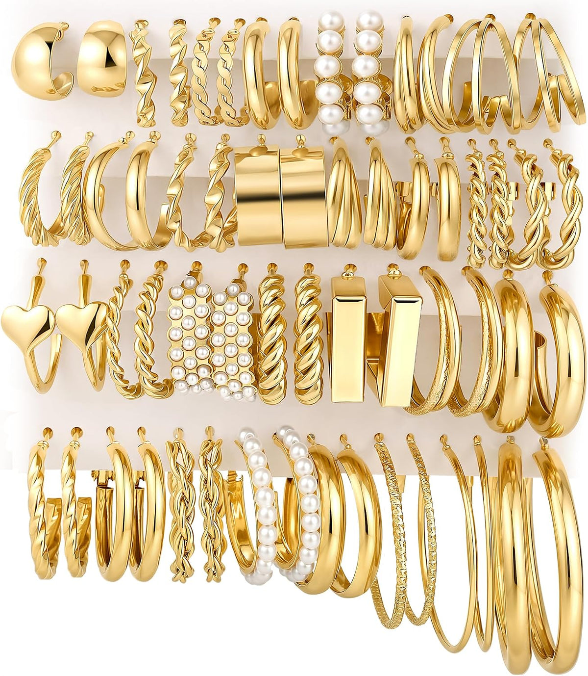 30 Pairs Gold Hoop Earrings Set for Women, Hypoallergenic Pearl Twisted Statement Hoops Multipack, Small to Chunky Hoop Earrings for Women Trendy