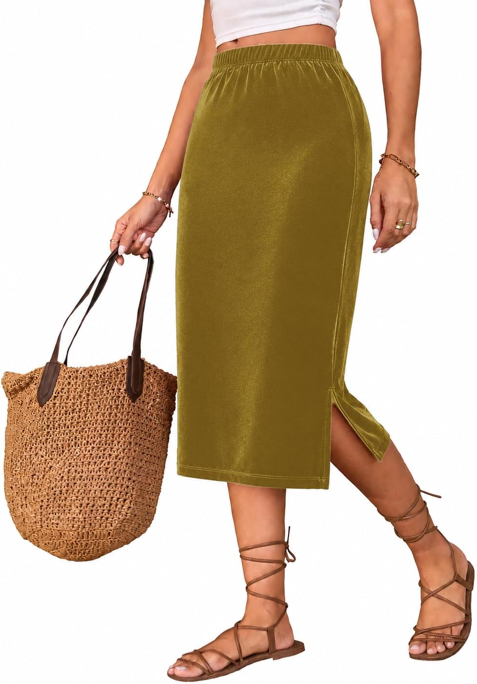 Velvet Midi Skirt for Women High Waist Straight Skirt with Side Slit