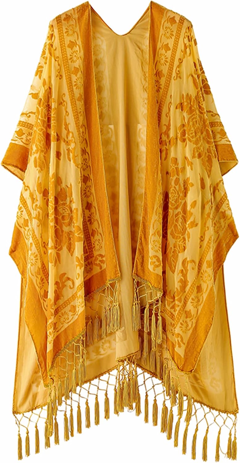 Women's Burnout Velvet Kimono Long Cardigan Cover Up With Tassel