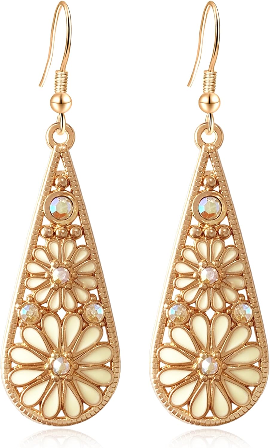 Copper Crystal Teardrop Enamel Flower Earrings