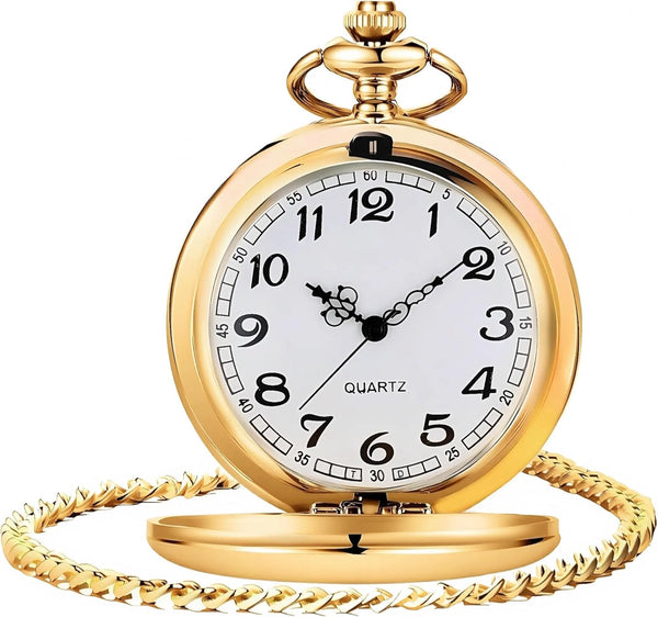 Smooth Vintage Pocket Watch with Chain, Arabic Numerals Scale