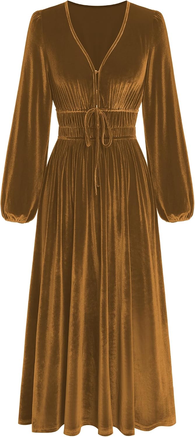 ZAFUL Women's V Neck Velvet Midi Dress Long Sleeve Formal Cocktail Dress