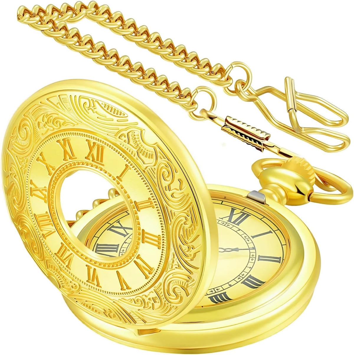 Vintage Roman Numeral Quartz Pocket Watch with Chain