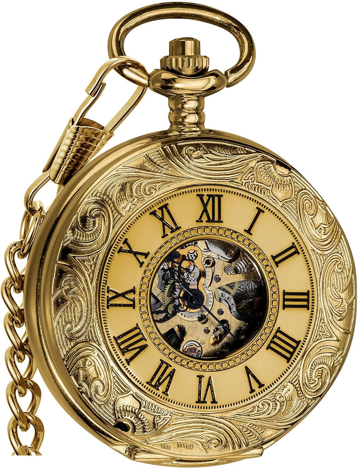 Mechanical Skeleton Pocket Watch with Chain