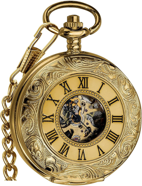 Mechanical Skeleton Pocket Watch with Chain