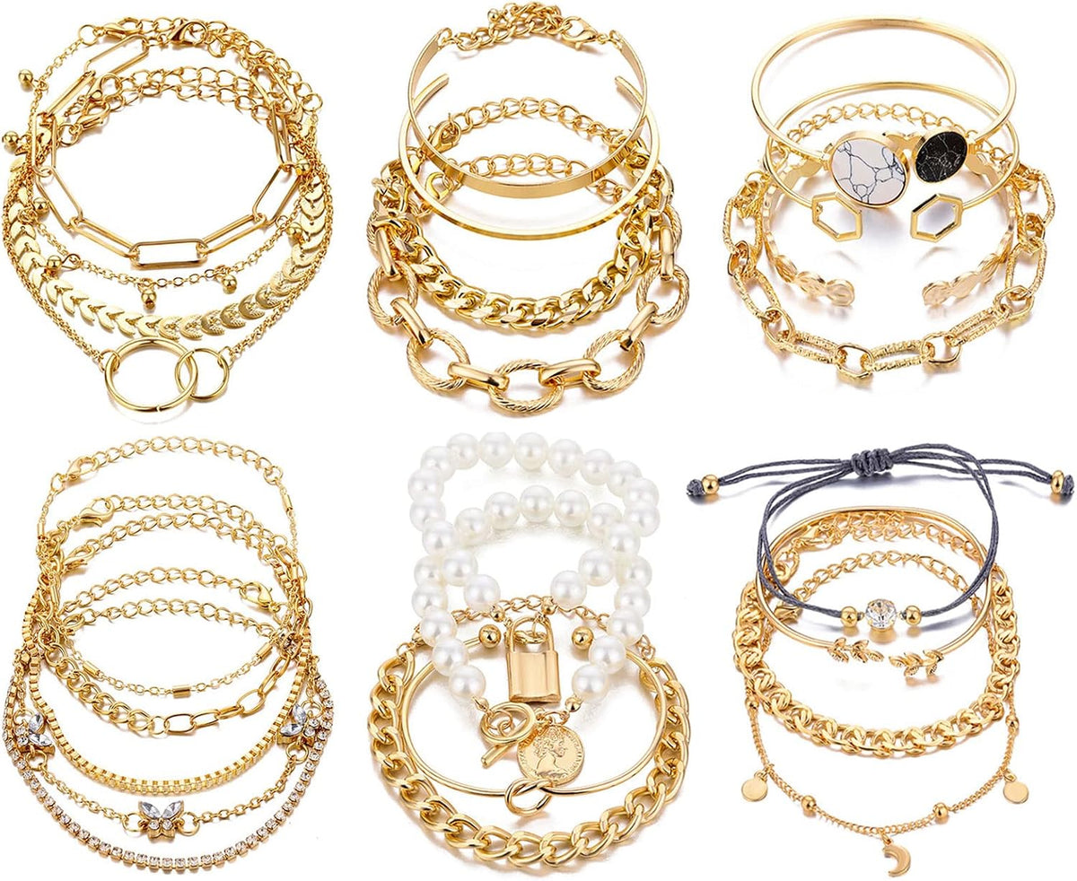18-25 PCS(6 Pack) Boho Gold Silver Stackable Bracelets Set for Women