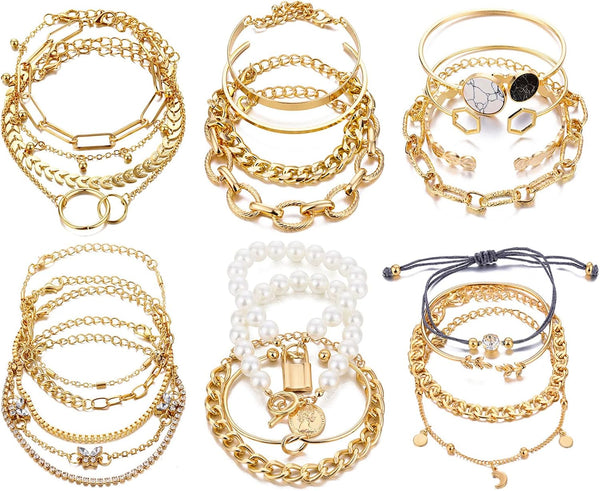 18-25 PCS(6 Pack) Boho Gold Silver Stackable Bracelets Set for Women