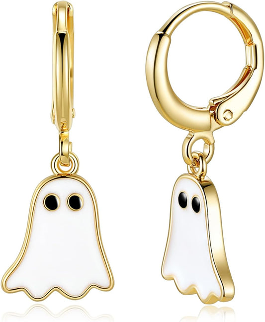 Halloween Ghost Earrings for Women – Spooky Cute 14K Gold Plated Hoop Dangle Jewelry, Fun Halloween Accessories Gifts