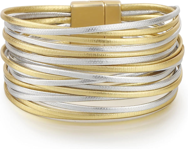 Edoneery Leather Wrap Bracelets for Women, Boho Layered Cuff Bangle