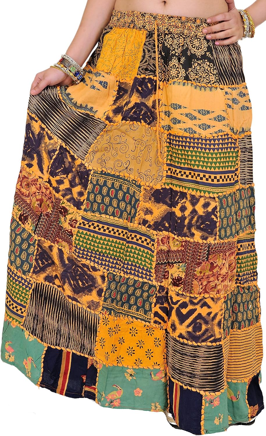 Exotic India Long Printed Dori Skirt from Gujarat with Patch Work - Rayon